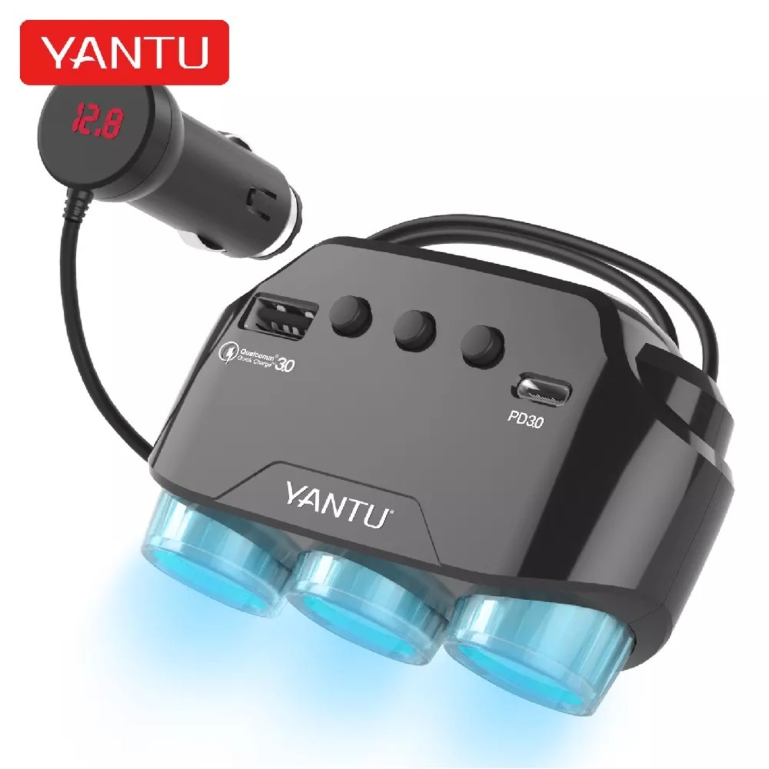 Авто разклонител YANTU LM21, 3 гнезда Волтметър, USB, USB TYPE-C